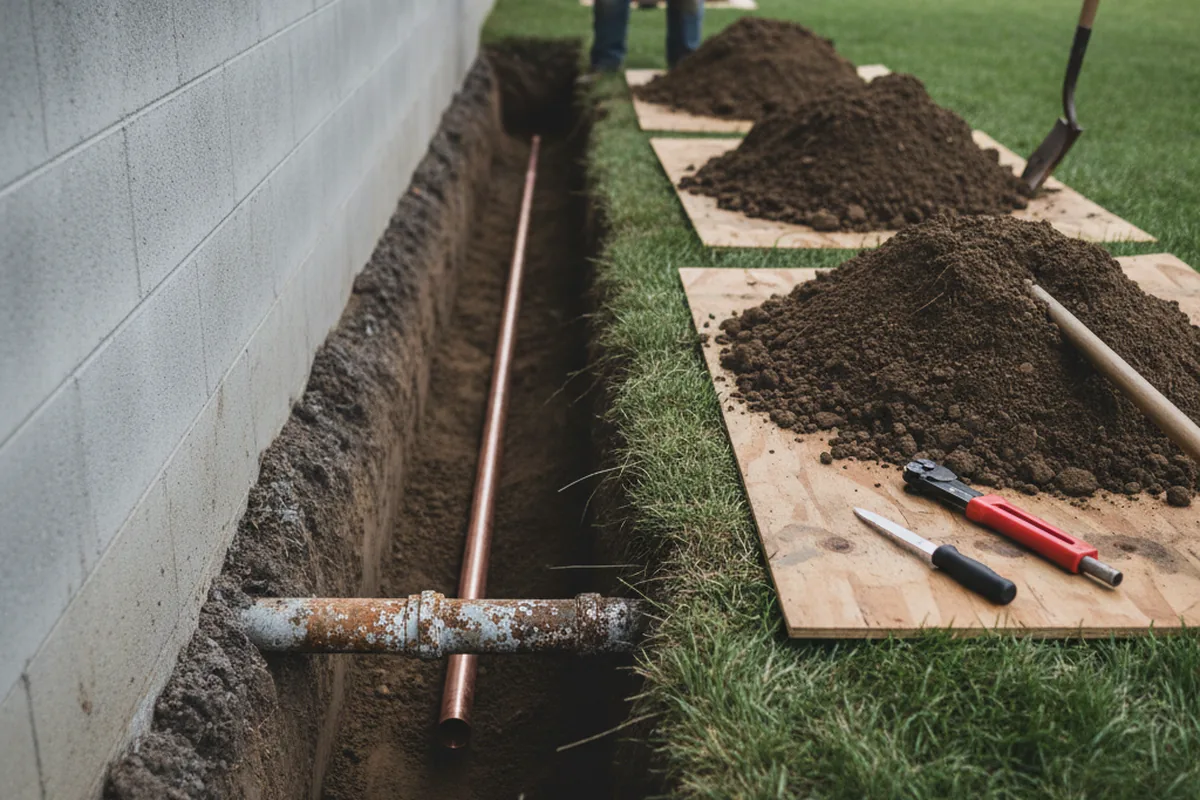 Excavated water line trench during Sewer Line Repair in Eagletown
